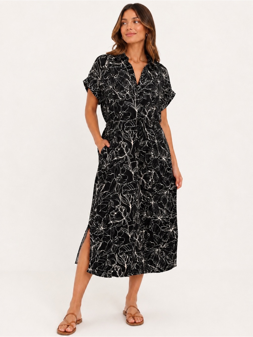 Badgley Mischka Black Floral Midi Shirt Dress size Large NWT Cotton Blend